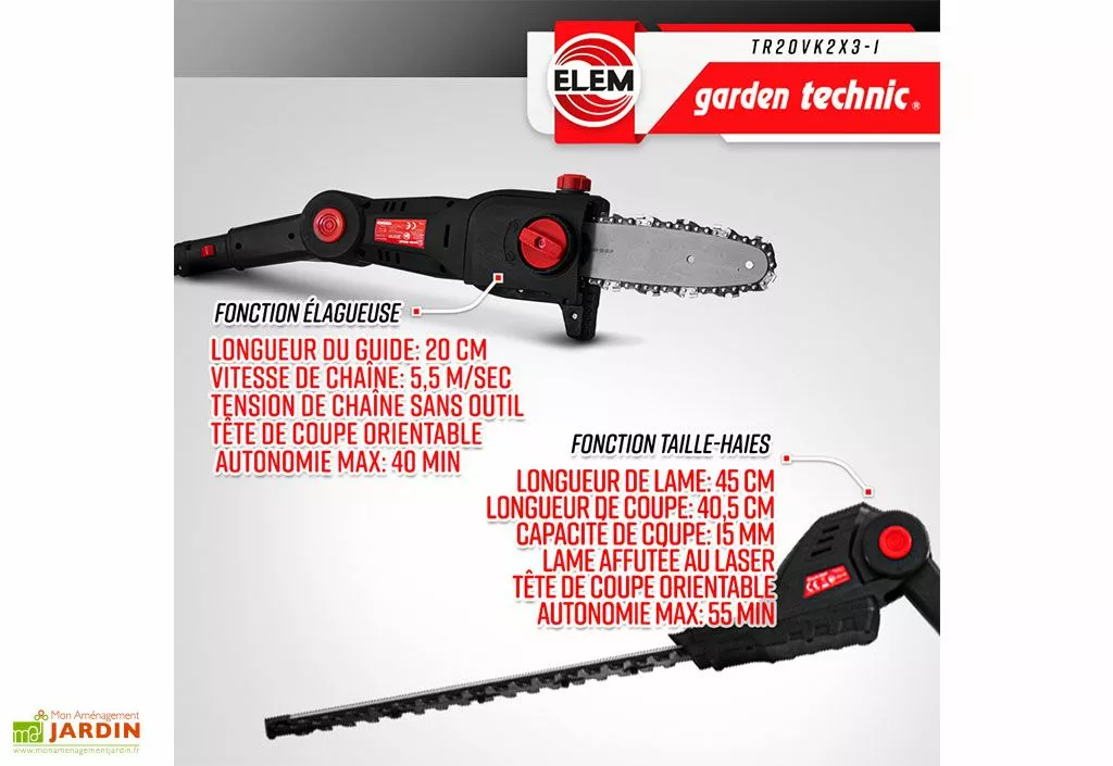 Elem Garden Outil De Jardinage 3 En 1 : Taille-haies, élagueuse Et Coupe Bordures – 20 V 5 Elem Garden Outil De Jardinage 3 En 1 : Taille-haies, élagueuse Et Coupe Bordures – 20 V – Image 3