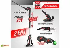 Elem Garden Outil De Jardinage 3 En 1 : Taille-haies, élagueuse Et Coupe Bordures – 20 V 8 Elem Garden Outil De Jardinage 3 En 1 : Taille-haies, élagueuse Et Coupe Bordures – 20 V -Jardinage Soldes outil de jardin 3 en 1 batteries 2ah