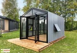 Stali Serre De Jardin En Bois Et Verre Trempé Avec Panneaux Occultants – Tournesol -Jardinage Soldes serre jardin bois gris panneaux stali design 06